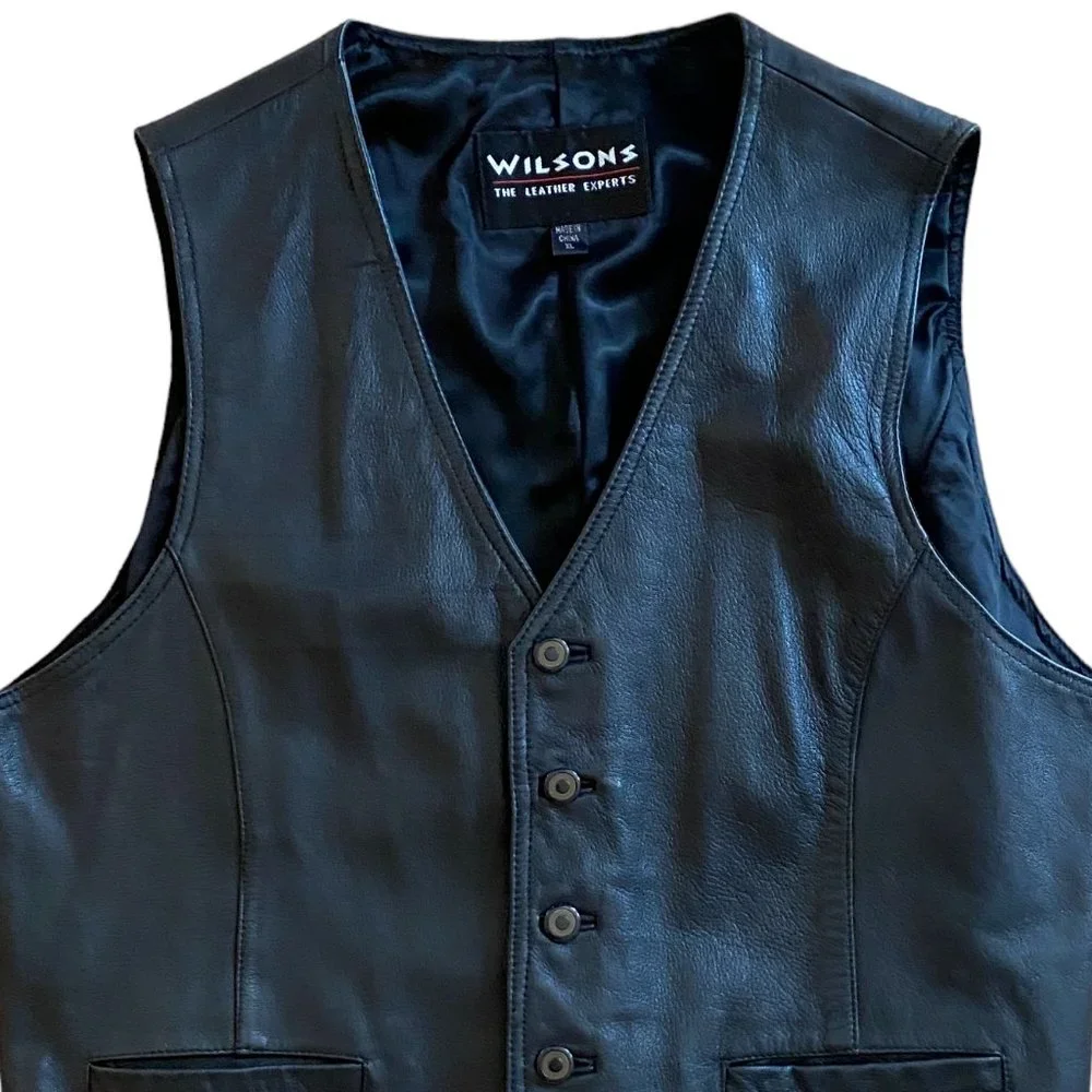 Vintage Wilsons Black All Leather 90s Y2K Moto Biker Rodeo Western Vest-XL - Picture 4 of 14